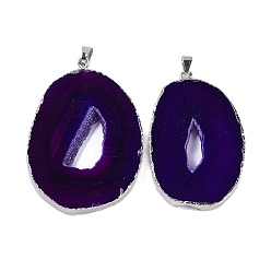 Purple Natural Agate Big Pendants, Oval Charms, Dyed & Heated, with Platinum Plated Brass Findings, Purple, 50~62x33~43x5~7mm, Hole: 7.5x4.5mm