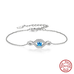 Real Platinum Plated Rhodium Plated 925 Sterling Silver Eye Link Bracelet for Women, with Deep Sky Blue Cubic Zirconia, with S925 Stamp, Real Platinum Plated, 6-3/8 inch(16.3cm)