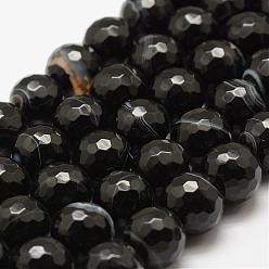 Black Faceted Natural Striped Agate/Banded Agate Beads Strands, Round, Dyed & Heated, Black, 6mm, Hole: 1mm, about 60pcs/strand, 14.76~14.96 inch(37.5~38cm)