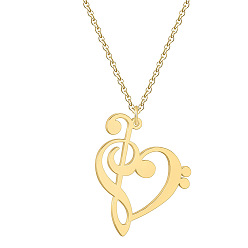 Golden Brass Musical Note Heart Pendant Necklace with Stainless Steel Chains for Women, Golden, 17.72 inch(45cm)