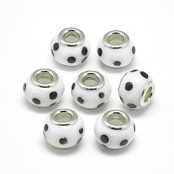 White Handmade Lampwork European Beads, with Platinum Brass Double Cores, Large Hole Beads, Rondelle with Spot, White, 14x10mm, Hole: 5mm