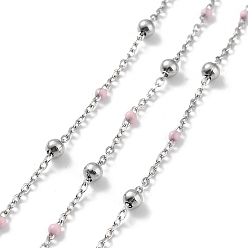 Pink 304 Stainless Steel Cable Chain, with Enamel, Soldered, Pink, Beads: 3.5~3.6x3.5mm, Link: 5x2x2mm and 2x1.5x0.3mm