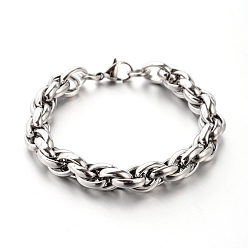 Stainless Steel Color 304 Stainless Steel Rope Chain Bracelets, with Lobster Claw Clasps, Stainless Steel Color, 8-5/8 inch(220mm), 10.5mm