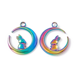 Rainbow Color Ion Plating(IP) 304 Stainless Steel Pendants, Moon with Rabbit, Rainbow Color, 24x20x2mm, Hole: 3mm