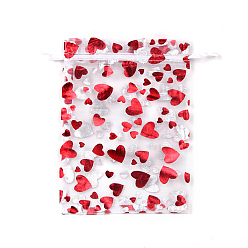 White Rectangle Printed Organza Drawstring Bags, FirBrick Heart Pattern, White, 10x8cm