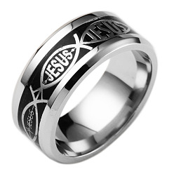 Black Stainless Steel Jesus Fish with Word Finger Ring, Easter Theme Jewelry for Women, Black, US Size 7(17.3mm)
