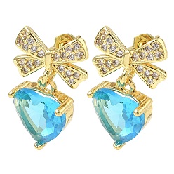 Cielo Azul Oscuro Pendientes colgantes de latón con micro circonitas cúbicas para mujer, bowknot y corazón, con vidrio, larga duración plateado, chapado en rack, sin plomo y el cadmio, dorado, cielo azul profundo, 22.5x13 mm