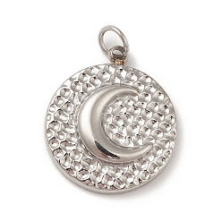 Stainless Steel Color 304 Stainless Steel Charms, with Jump Ring, Textured, Flat Round with Moon Pattern, Stainless Steel Color, 14x12x2.5mm, Hole: 2.5mm