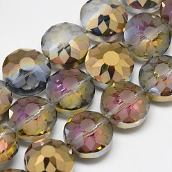 Dark Gray Electroplate Glass Beads Strands, Frosted, Rainbow Plated, Faceted, Flat Round, Dark Gray, 14x8~10mm, Hole: 1.5mm, about 50pcs/strand, 26.77 inch