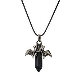 CN000499 Black Agate Retro Bat Pendant with Crystal Hexagonal Prism, Fashionable Unisex Necklace