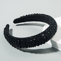 Black Bling Bling Glass Beaded Hairband, Wide Edge Headwear, Party Hair Accessories for Women Girls, Black, 30mm