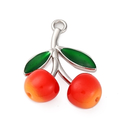 Оранжево-Красный Подвески из латуни, зеленой эмали и пластика с вишней, фруктовые прелести, платина, стойки покрытие, долговечный, без кадмия и без свинца, оранжево-красный, 37.5x29x13.5 мм, отверстие : 3x3.5 мм