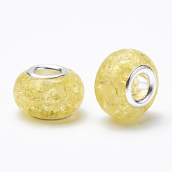 Champagne Yellow Crackle Resin European Beads, Large Hole Beads, with Silver Color Plated Brass Cores, Rondelle, Champagne Yellow, 13.5~14x8.5~9mm, Hole: 5mm
