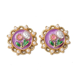 Фиолетовый Подвески из эмалевого сплава легкого золота, с ABS имитации жемчуга, плоский круглый с цветными чарами, стойки покрытие, фиолетовые, 25x25x6 мм, отверстие : 2.5x1.5 мм