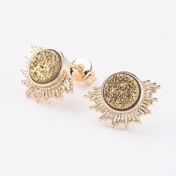Gold Electroplate Natural Druzy Agate Stud Earrings, with Brass Findings, Sun, Golden, Gold, 10x14x3~4mm, Pin: 0.8mm