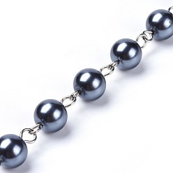 Prussian Blue Handmade Dyed Glass Pearl Beaded Chains, Unwelded, with Iron Eye Pin, Platinum, Prussian Blue, 39.37 inch, 1m/strand