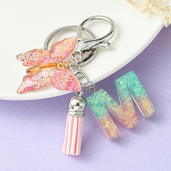 Letter M Resin & Acrylic Keychains, with Alloy Split Key Rings and Faux Suede Tassel Pendants, Letter & Butterfly, Letter M, 8.6cm