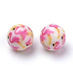 Pearl Pink Opaque Printed Acrylic Beads, Round with Flamingo Shape Pattern, Pearl Pink, 10x9.5mm, Hole: 2mm