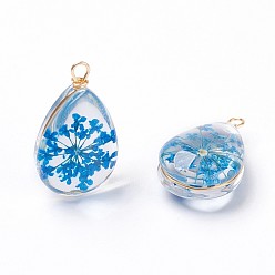 Dodger Blue Inner Flower Glass Pendants, with Long-Lasting Plated Brass Findings, Nickel Free, teardrop, Real 18K Gold Plated, Dodger Blue, 21.5~22.5x13~14.5x8~9mm, Hole: 1.8mm