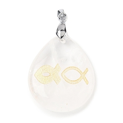 Хрусталь Природного кварца хрустальных подвесок, с реечной обшивкой латунными выводами, без кадмия и без свинца, подвеска в виде слезинки с рыбкой, 31x25x5~7 мм, отверстие : 4.5x4 мм