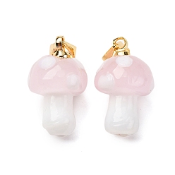 Pink Подвески лэмпворк ручной работы, гриб, с реечной накладкой из латуни с золотистым напылением, долговечный, золотые, розовые, 16~17x9.5~10.5 мм, отверстие : 4.5x3.5 мм