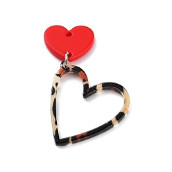 Red Valentine's Day Opaque Acrylic Pendants, with Iron Jump Rings, Leopard Print Heart, Red, 48x33.5x2mm, Hole: 1.8mm