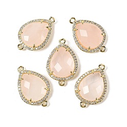 Розовый Кварц Подвески в форме капли из натурального розового кварца с граненой каплей, покрытие стойки латунное микропаве прозрачные звенья кубического циркония, золотые, стойки покрытие, 23x15x5.5 мм, отверстие : 1.4 мм