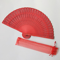 Red Wooden Folding Fan, Vintage Wooden Fan, with Organza Bag, for Party Wedding Dancing Decoration, Red, 200mm, Open Diameter: 330mm