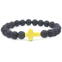 Yellow Cross Colorful Lava Stone Beaded Bracelet with Cross Pendant Jewelry