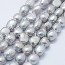 Silver Natural Cultured Freshwater Pearl Beads Strands, Dyed, Potato, Silver, 8~10x7~8x7~8mm, Hole: 0.5mm, about 36pcs/strand, 13.58 inch(34.5cm)