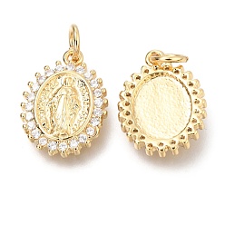 Real 18K Gold Plated Brass Micro Pave Clear Cubic Zirconia Pendants, with Jump Rings, Flat Round with Jesus, Real 18K Gold Plated, 16x12x2.5mm, Hole: 3.2mm