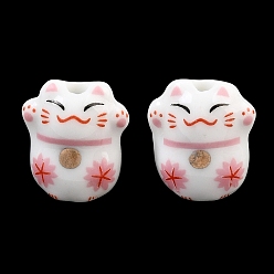 Pink Печатные ручной фарфоровые бусы, Maneki Neko, розовые, 14x13x11.5~12 мм, отверстие : 2.5 мм