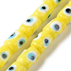Yellow Handmade Evil Eye Lampwork Beads Strands, Column, Yellow, 15x10mm, Hole: 2mm, about 25pcs/strand, 14.76 inch(37.5cm)