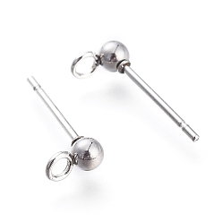 Stainless Steel Color 304 Stainless Steel Ball Stud Earring Findings, with Loop, Stainless Steel Color, 14x3mm, Hole: 1.8mm, Pin: 0.7mm