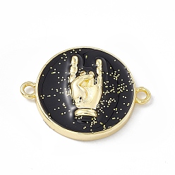 Black Rack Plating Brass Enamel Connector Charms, Flat Round Links with Gesture Pattern, Long-Lasting Plated, Lead Free & Cadmium Free, Real 18K Gold Plated, with Glitter Powder, Black, 17x22x4mm, Hole: 1.6mm