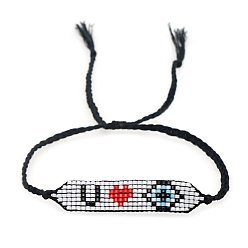 Red Miyuki Seed Braided Bead Bracelet, Word Love U and Evil Eye Friendship Bracelet for Women, Red, 11 inch(28cm)