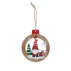 Ring Christmas Theme Wood Gnomes Pendant Decorations, with Wood Beads and Hemp Cord Christmas Tree Hanging Decorations, Ring, 110x96mm