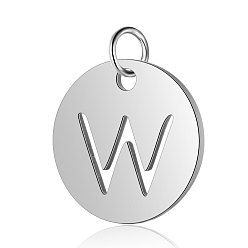 Letter W 304 Stainless Steel Charms, Flat Round with Letter, Stainless Steel Color, Letter.W, 12x1mm, Hole: 2.5mm