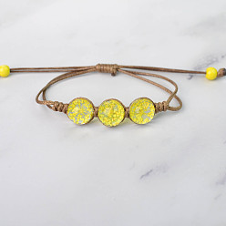 Yellow Triple Round Glass Braided Bead Bracelet, Pressed Flower Adjustable Bracelet for Women, Yellow, Beads: 12mm