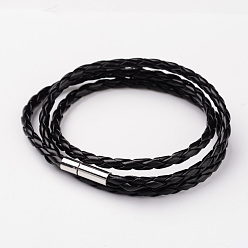 Black Braided Imitation Leather Cord Wrap Bracelets, with Brass Clasps, Black, 590x5mm