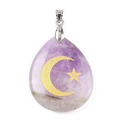 Аметист Подвески из натурального аметиста , с реечной обшивкой латунными выводами, без кадмия и без свинца, подвеска в виде капли, луны и звезды, 31x25x5~7 мм, отверстие : 4.5x4 мм
