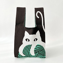 Black Polyester Cat Print Knitted Tote Bags, Cartoon Crochet Handbags for Women, Black, 36x20cm