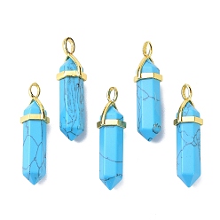Synthetic Turquoise Synthetic Turquoise Pointed Pendants, with Random Brass Pendant Hexagon Bead Cap Bails, Golden, Bullet, 38.5~40x12~12.5x10~11mm, Hole: 3x4.5mm