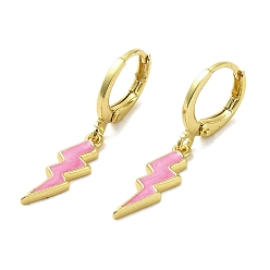 Pink Lightning Bolt Real 18K Gold Plated Brass Dangle Leverback Earrings, with Enamel, Pink, 29x5.5mm