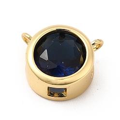Midnight Blue Rack Plating Brass Pave Cubic Zirconia Connector Charms, Cadmium Free & Lead Free, Real 18K Gold Plated, Flat Round Links, Midnight Blue, 14x12x7mm, Hole: 1.2mm and 1.5mm