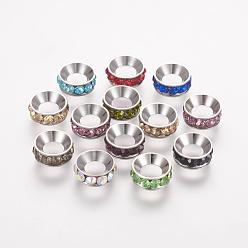 Mixed Color Brass Spacer Beads with Grade A Rhinestone, Flat Round, Mixed Color, Platinum, 9x4mm, Hole: 4mm