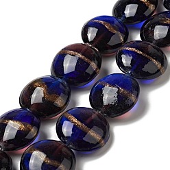Midnight Blue Handmade Gold Sand Lampwork Beads Strands, Flat Round, Midnight Blue, 21x11mm, Hole: 1.2mm, about 18pcs/strand, 13.98 inch(35.5cm)