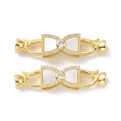 Golden Brass Micro Pave Clear Cubic Zirconia Fold Over Clasps, with White Shell, Cadmium Free & Lead Free, Bowknot, Golden, Bowknot: 9.5x17x7mm, Clasp: 14x8x6mm, Inner Diameter: 4.4mm, Hole: 3.3x7.5mm