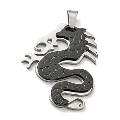 Gunmetal & Stainless Steel Color Ion Plating(IP) 304 Stainless Steel Pendants, with Rhinestone, Dragon, Gunmetal & Stainless Steel Color, 42x34x4mm, Hole: 12.5x4mm