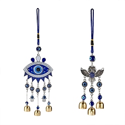 Mixed Color 2Pcs 2 Style Car Hanging Alloy Glass Rhinestone Wind Chime, with Evil Eye Resin Beads, Mixed Color, 282mm